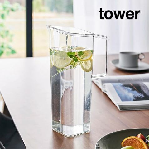 tower《 ハンドル付き冷水筒 タワー 1.2L 》麦茶ポット お茶ポット 冷水ポット ウォーターボトル スリムジャグ ジャグボトル ピッチャー  お茶入れ スリムボトル パッキンなし 食洗機対応 ハンドル ドアポケット 冷蔵庫 1646 1647 ホワイト ブラック 山崎実業 YAMAZAKI  NXT ...