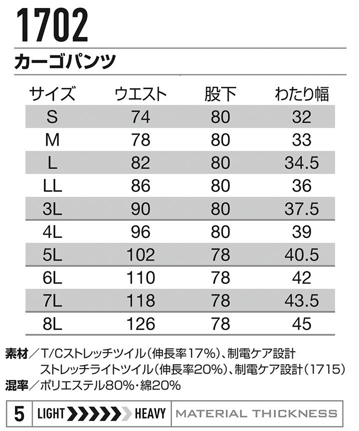 バートル 作業服 カーゴパンツ 1702 【秋冬】制電 ツイル ユニセックス ズボン 細身 メンズ レディース 作業服 作業着 BURTLE  1701シリーズ│作業服のだるま商店-本店