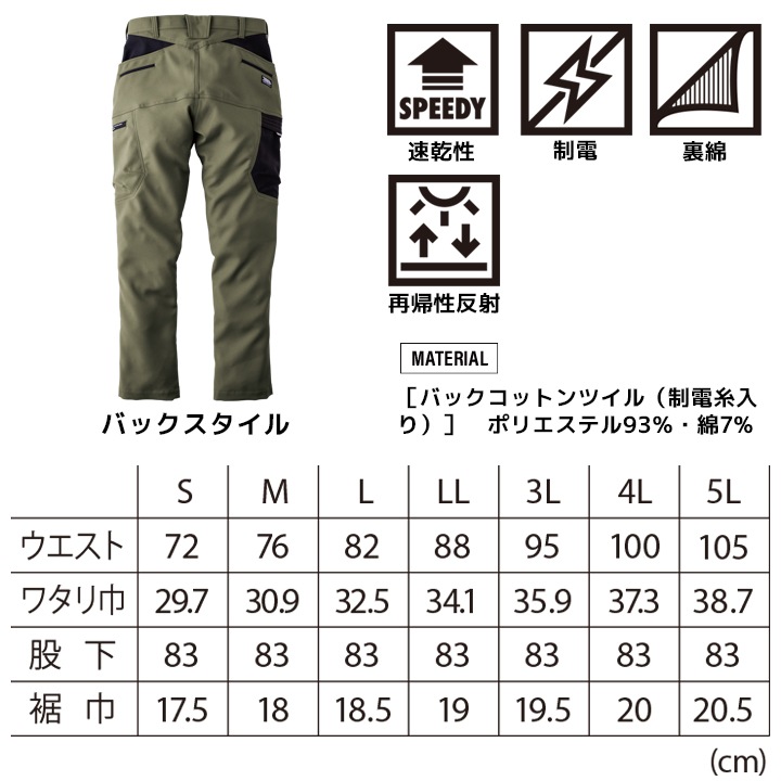 寅壱 カーゴパンツ ワークパンツ 7030-219 ズボン 速乾性 制電糸 裏面