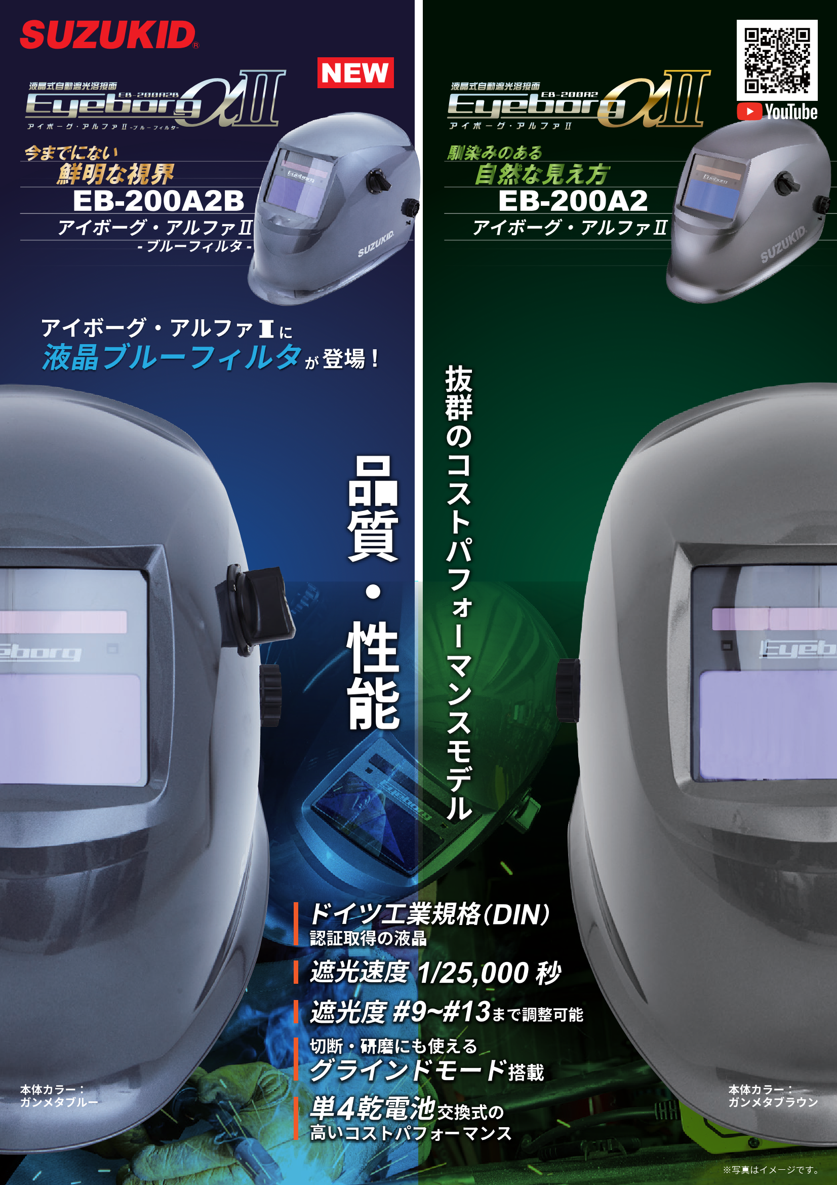 SUZUKID 液晶式自動遮光溶接面 アイボーグ・アルファⅡ-ブルーフィルタ- EB-200A2B | 保護具