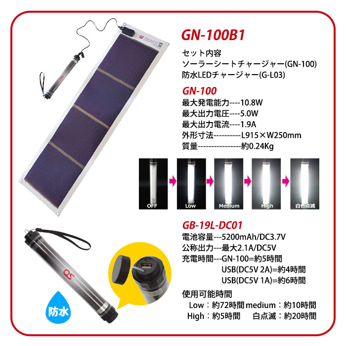 ソーラー蓄電池 ソーラーシート+チャージャーセット GN-100B1【お届け