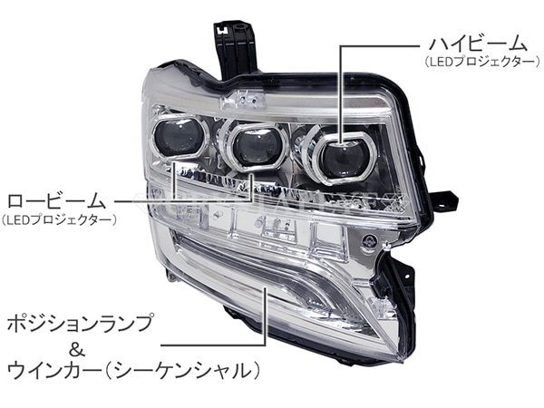 N-BOXカスタム JF1/JF2 3眼フルLEDヘッドライト シーケンシャルウインカー 【クロームタイプ】
