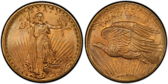 アンティークコイン アメリカ 20ドル金貨セントゴーデンズ 1908 NM No