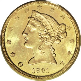 アンティークコイン アメリカ 5ドル金貨リバティヘッド 1881 ＄5 PCGS