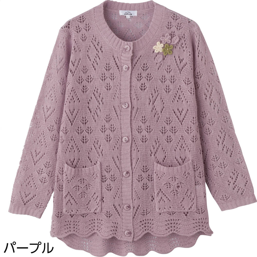 ニット斜め釦ホール丸首カーディ M~L LL 3L レディース 婦人 用 | 女性