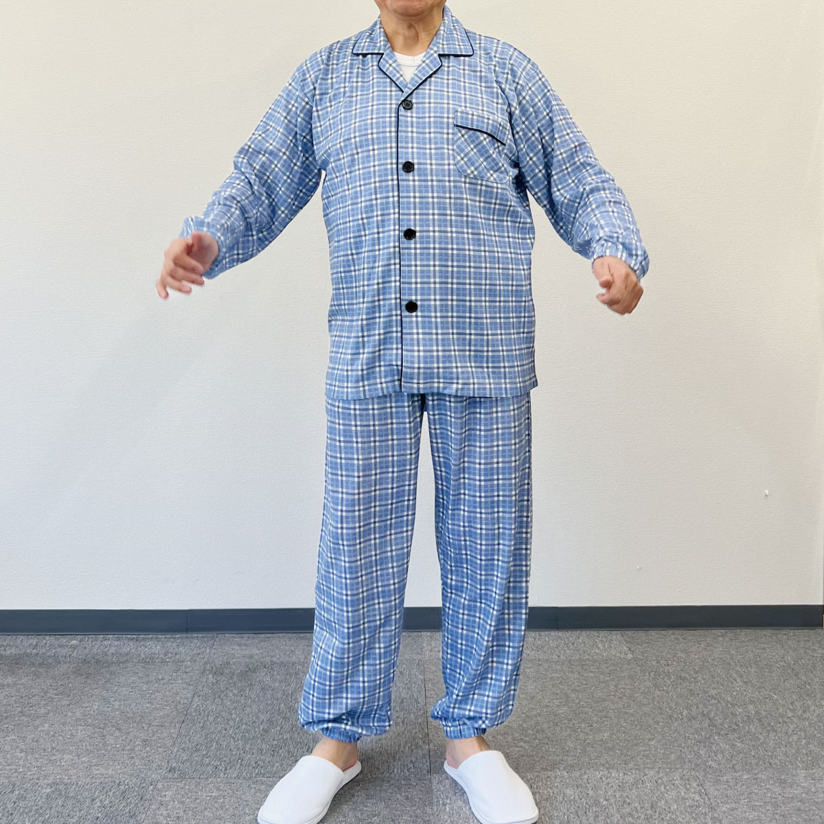 介護用パジャマ 大きめボタン 介護 パジャマ 紳士 男性 長袖 秋 冬 春