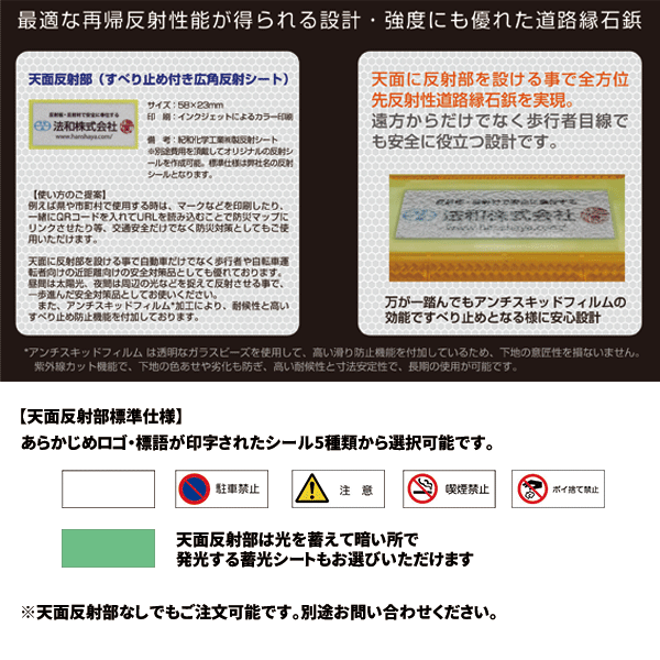 ライトニング縁石鋲　天面部説明　すべり止め付き反射シート