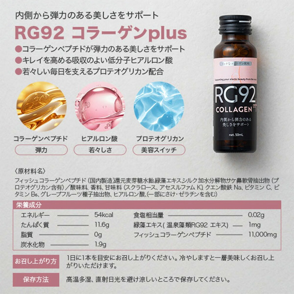 RG92 1箱（50ml×10本）インナーケアドリンク コラーゲンplus・エラスチンplus・めぐりplus 美容ドリンク