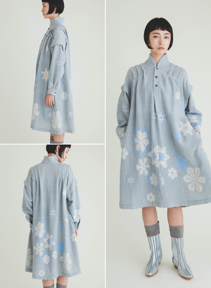 雪花紋ジャカード肩タックワンピース / Snow Flower Pattern Jacquard Tuck Dress-matohu online  shop