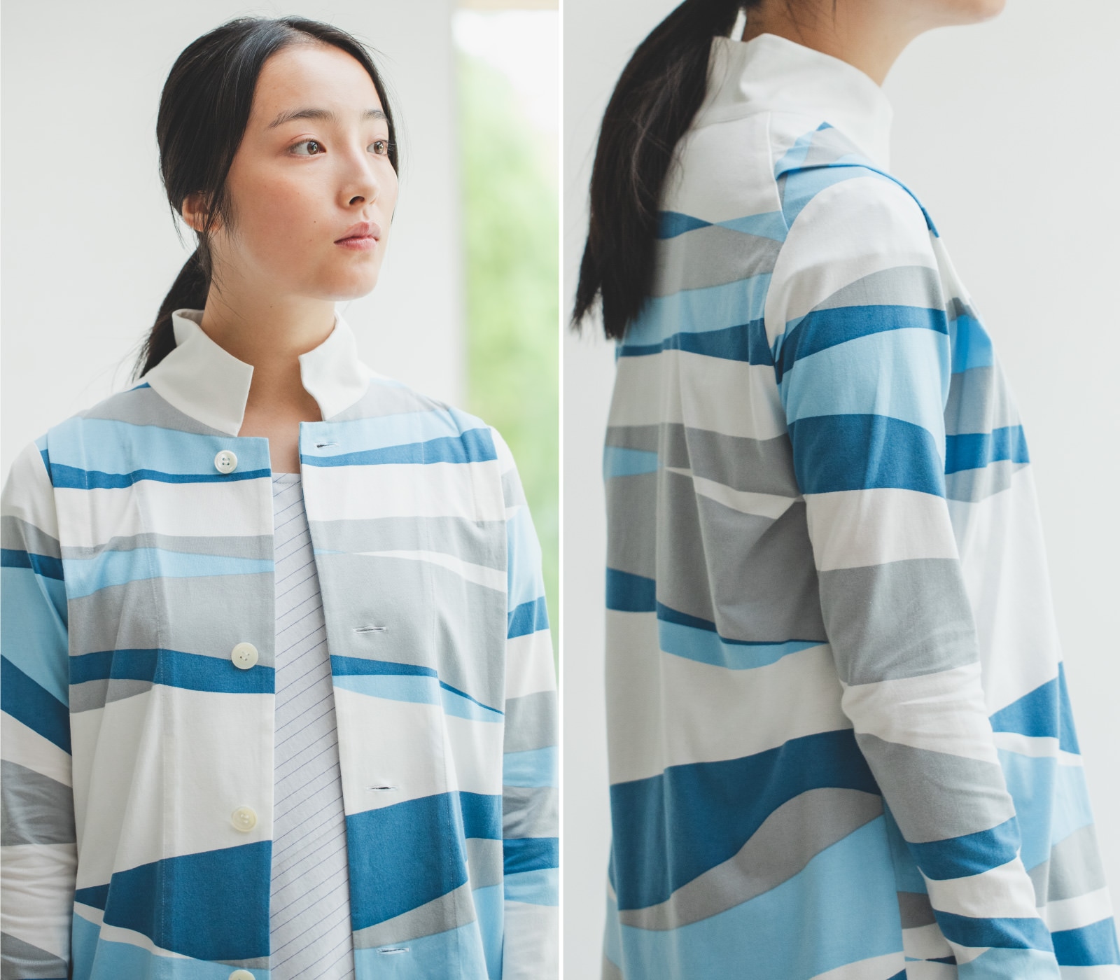 肩タックスタンド衿ジャケット - 波柄天竺 / Wave Pattern Tucked Jacket-matohu online shop