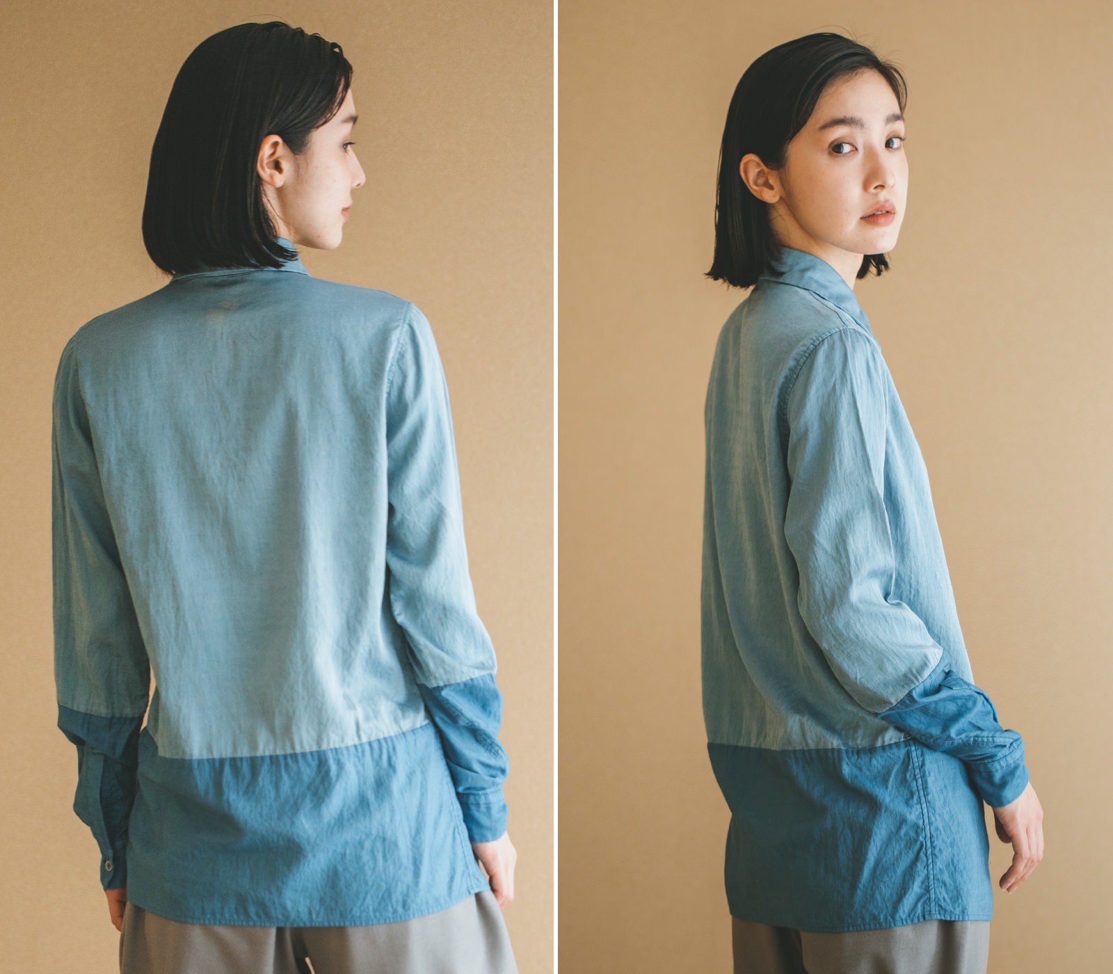 藍染 配色切替えブラウス - シルクコットンサテン / Indigo Dyed Paneled Shirts-matohu online shop
