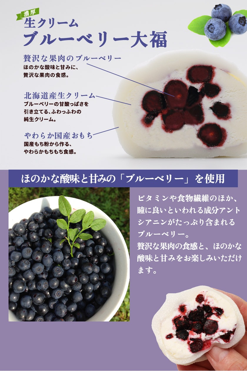 和楽 生クリーム大福は栃木県産ブルーベリーを使用