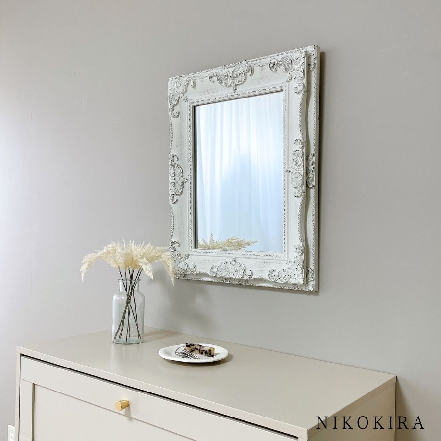 アンティーク壁掛け鏡　55cm65cmホワイト　ミラー　ウォールミラー 鏡 壁掛け 玄関 洗面鏡 ウォールミラー アーサー M 幅45cm 高さ55cm
