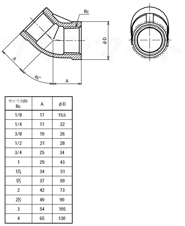 SCS13A製ねじ込み継手 45°エルボ 45L寸法表