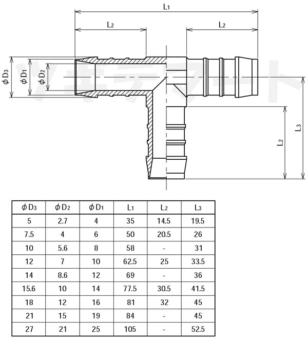 ポリアセタール製T型ホース継手 TS寸法表