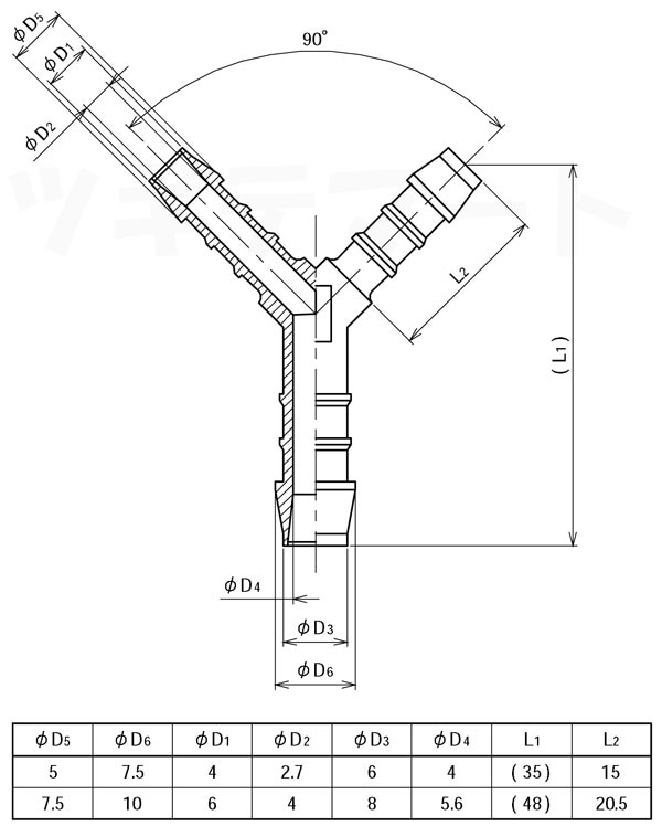 ポリアセタール製Y型異径ホース継手 YRS寸法表