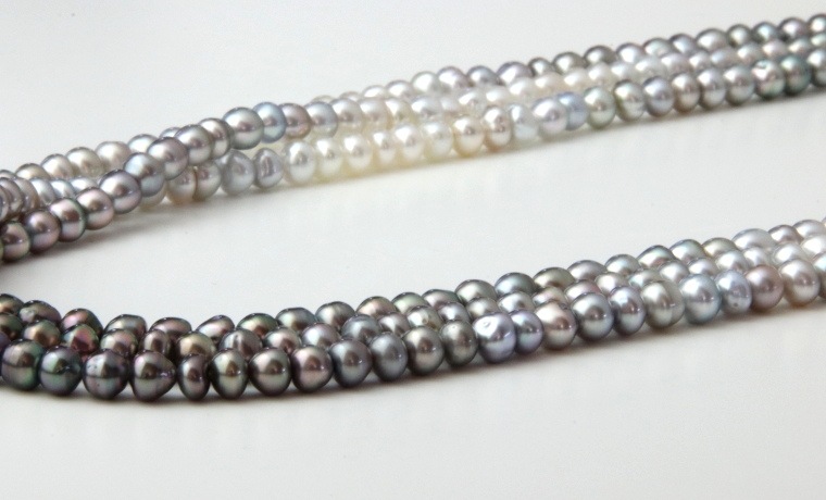 SV三種のあこや真珠のケシ3-4-6ミリくらいと黒蝶真珠ケシ一粒首飾り41センチ-