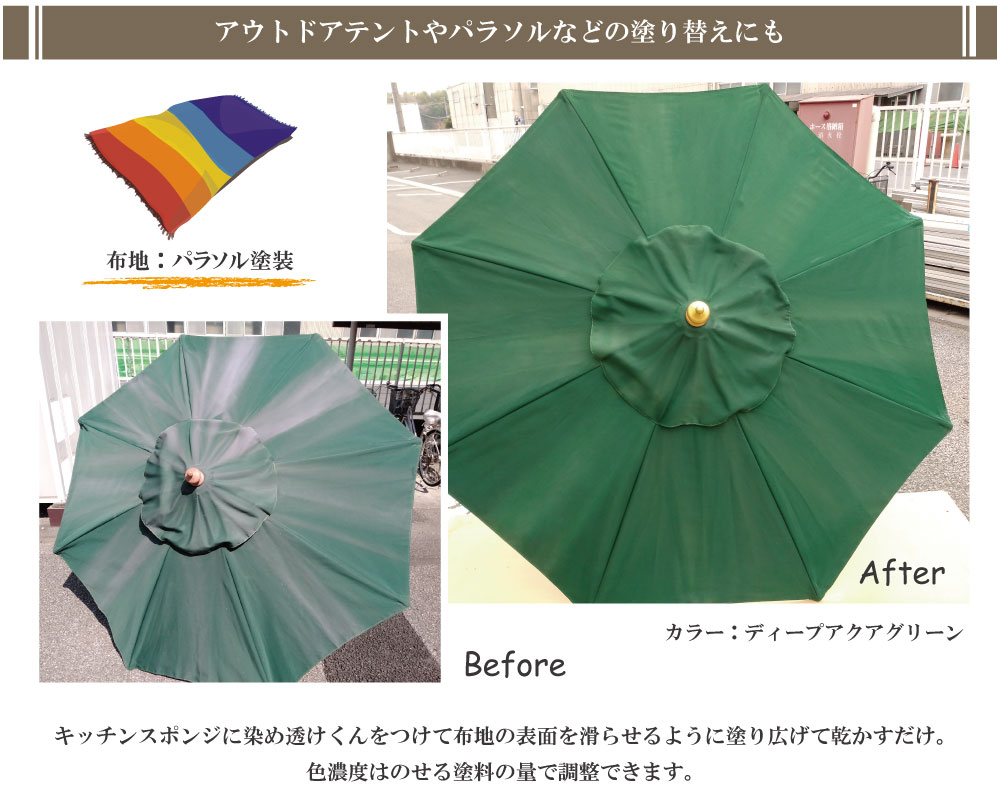 布製のアウトドアテントやパラソルなどの塗り替えにも使えます