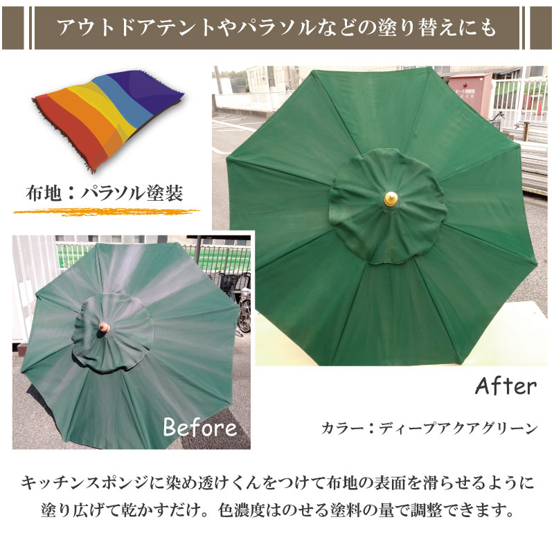 布製のアウトドアテントやパラソルなどの塗り替えにも使えます