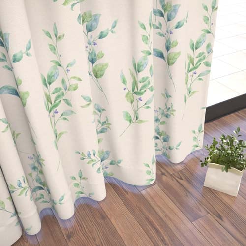 既製】遮光2級 ナチュラル リーフ柄の形状記憶付 フィリス(グリーン