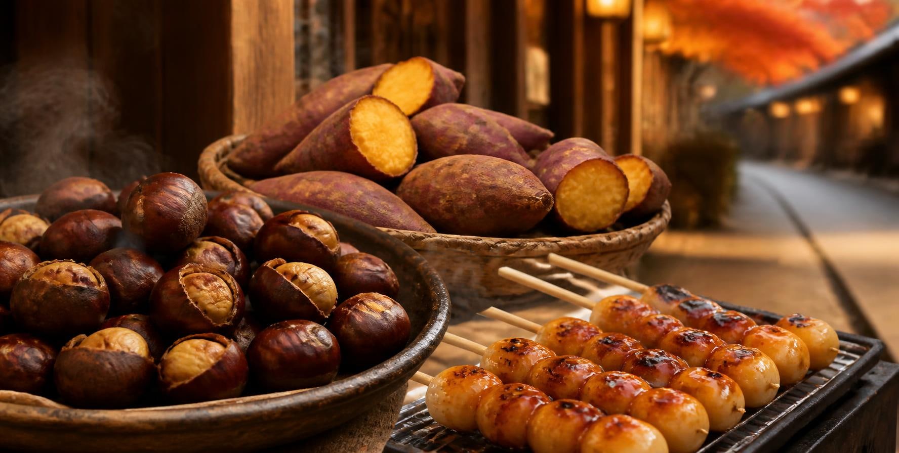 焼き栗やおだんごなど秋の味覚の食べ歩きのイメージ