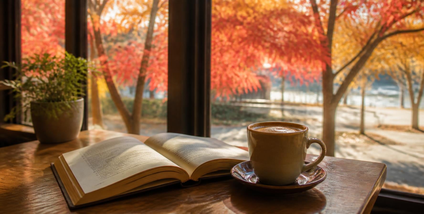 紅葉が見えるカフェで読書のイメージ