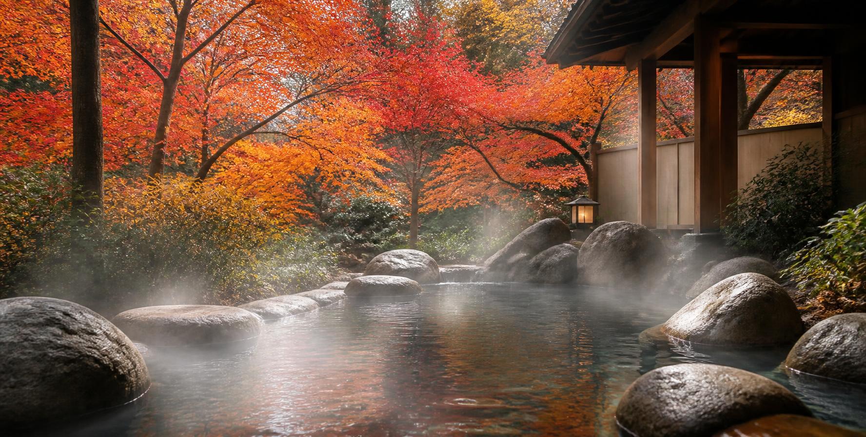 紅葉に囲まれた露天風呂、温泉旅行のイメージ