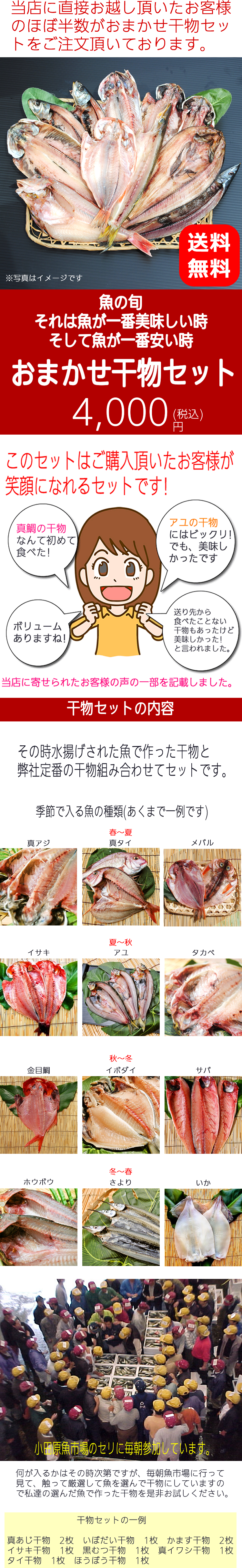 送料無料】おまかせ干物セット4000円コース～魚は山市干物専門店におまかせください!その時の最高の魚を干物にてお送りします。 の通販 旬が詰まった゛ おまかせ干物セット