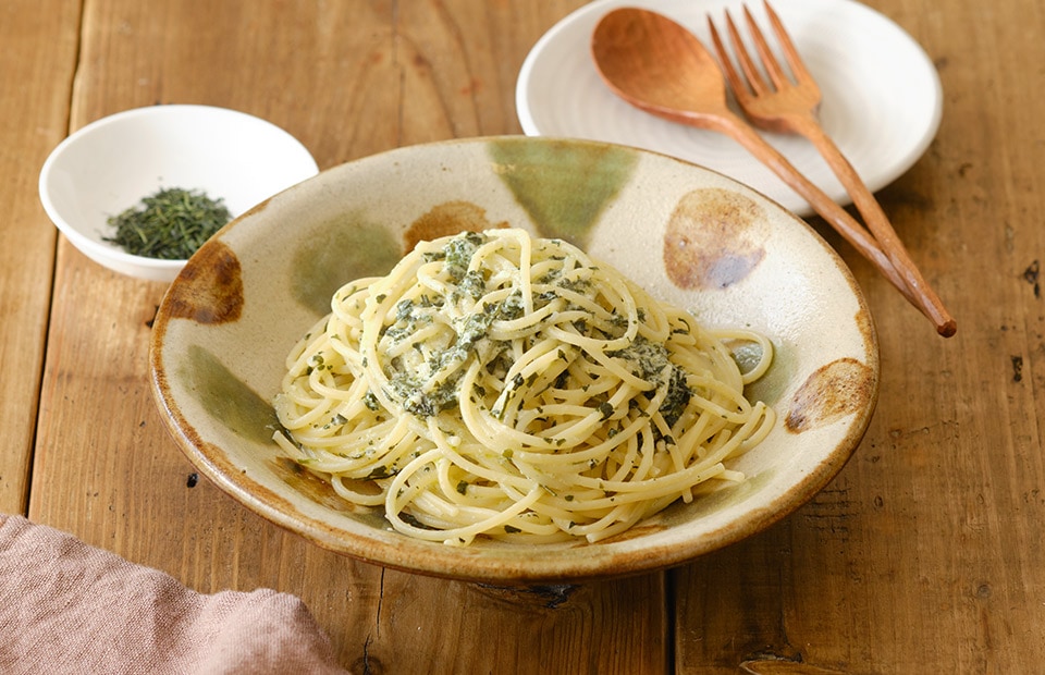 茶農家の八女茶 上煎茶 お茶の出がらしパスタジェノベーゼ風