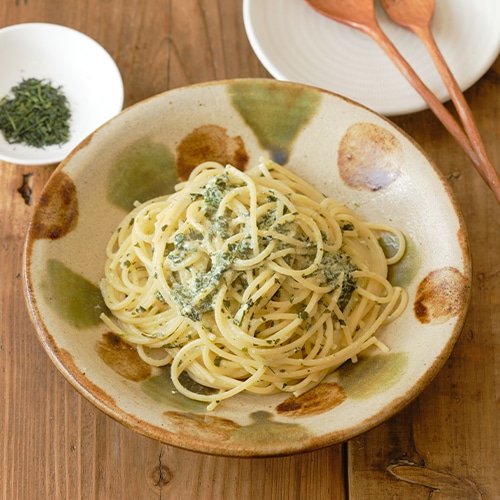 茶農家の八女茶 上煎茶 お茶の出がらしパスタジェノベーゼ風