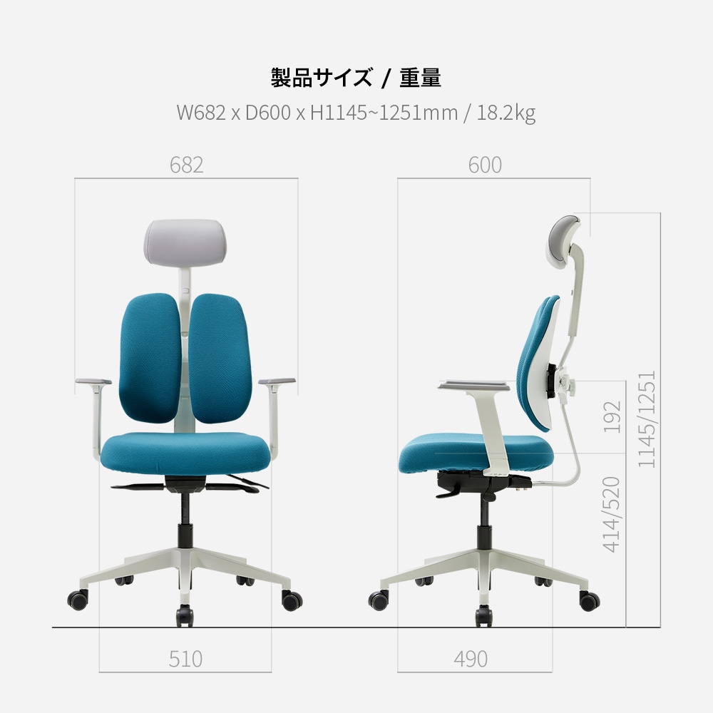 デュオバック（DUOBACK）ホームオフィスチェア D2500G-DASW 寸法：W 682×D 600×H 1145～1251ｍｍ / 18.2kg