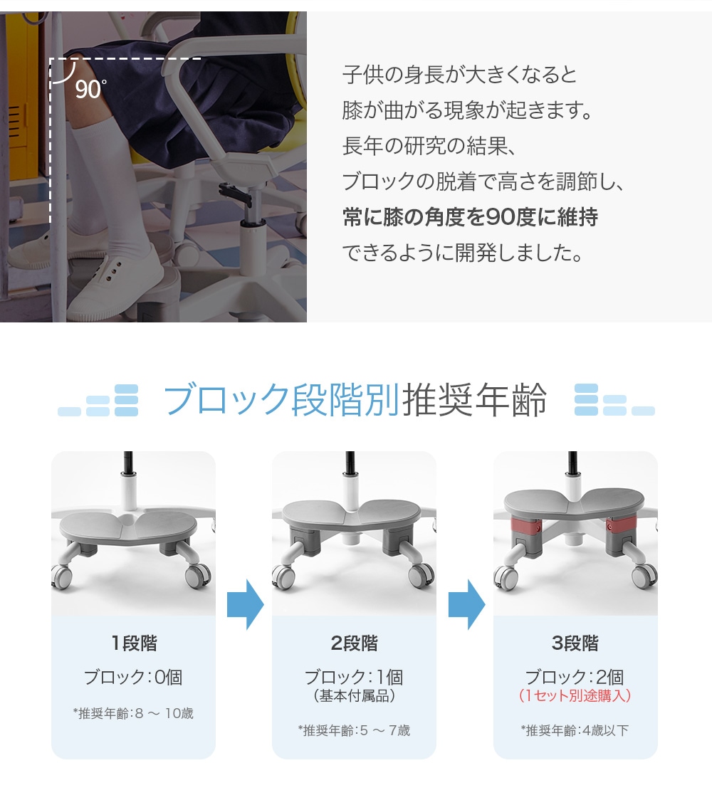 デュオバック（DUOBACK）milky MI-218SF キッズチェア 機能説明6：ブロックで足置きの高さ調節可能 