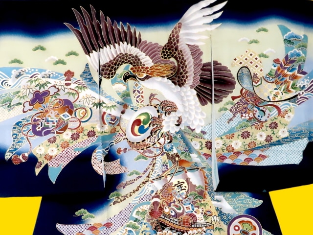 お宮参り着物正絹（初着・産着）男児G7-15 鷹に宝船・熨斗目柄 濃紺