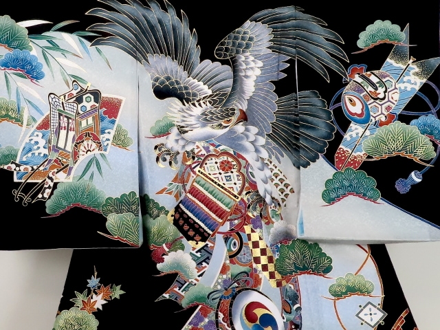 お宮参り着物正絹（初着・産着）男児G2-1 鷹・松に熨斗目柄