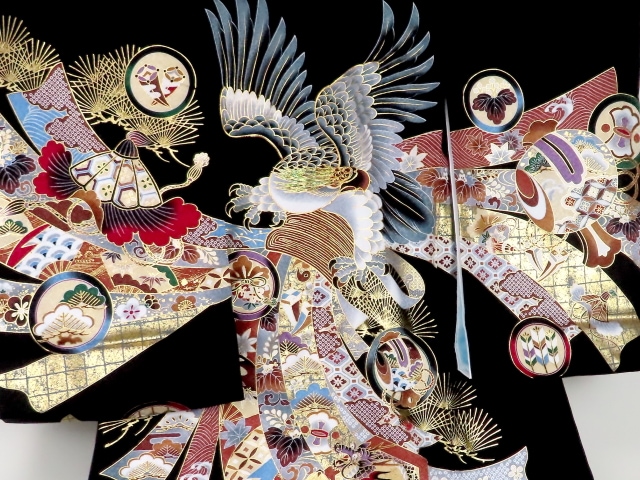 お宮参り 一つ身着物＋小物セット 男の子 正絹 からし色 鷹柄 お宮参り