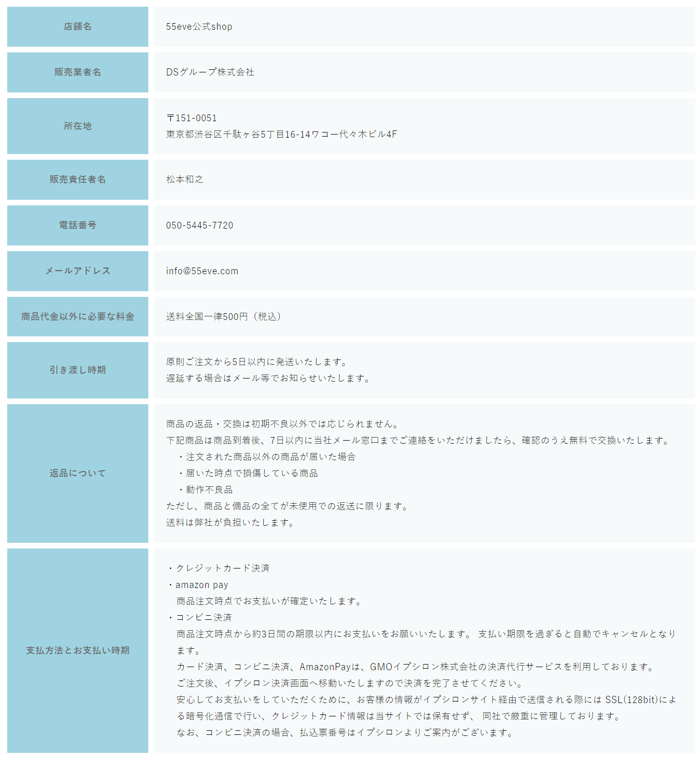 店舗名/販売業者名/所在地/販売責任者名/電話番号/メールアドレス/商品代金以外に必要な料金/引き渡し時期/返品について/支払方法とお支払い時期