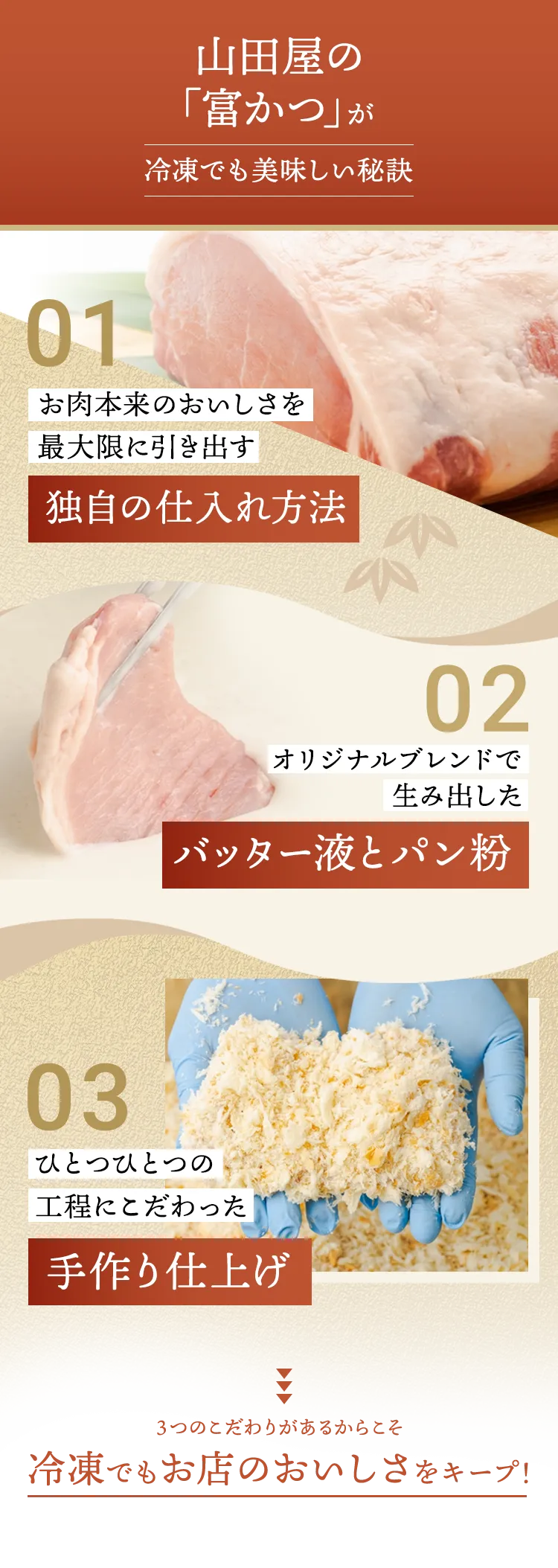 山田屋の「富かつ」が冷凍でも美味しい秘訣。1、お肉本来のおいしさを最大限に引き出す独自の仕入方法。2、オリジナルブレンドで生み出したバッター液とパン粉。3、ひとつひとつの工程にこだわった手作り仕上げ。