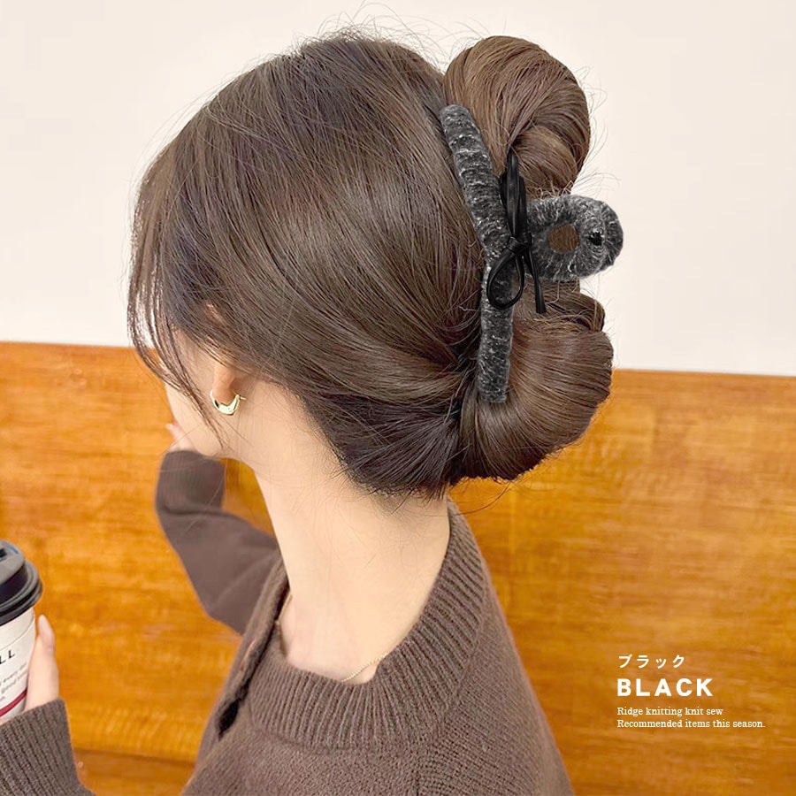 リボン バンスクリップ ヘアクリップ ニット素材 レザー調 くるりん