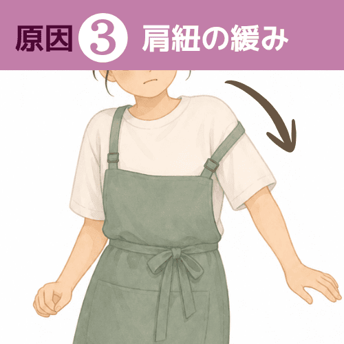 長さ調整が甘く緩んだ紐が下がっていくイメージ