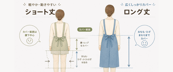 ショート丈とロング丈のカバー範囲の違いを示す比較図