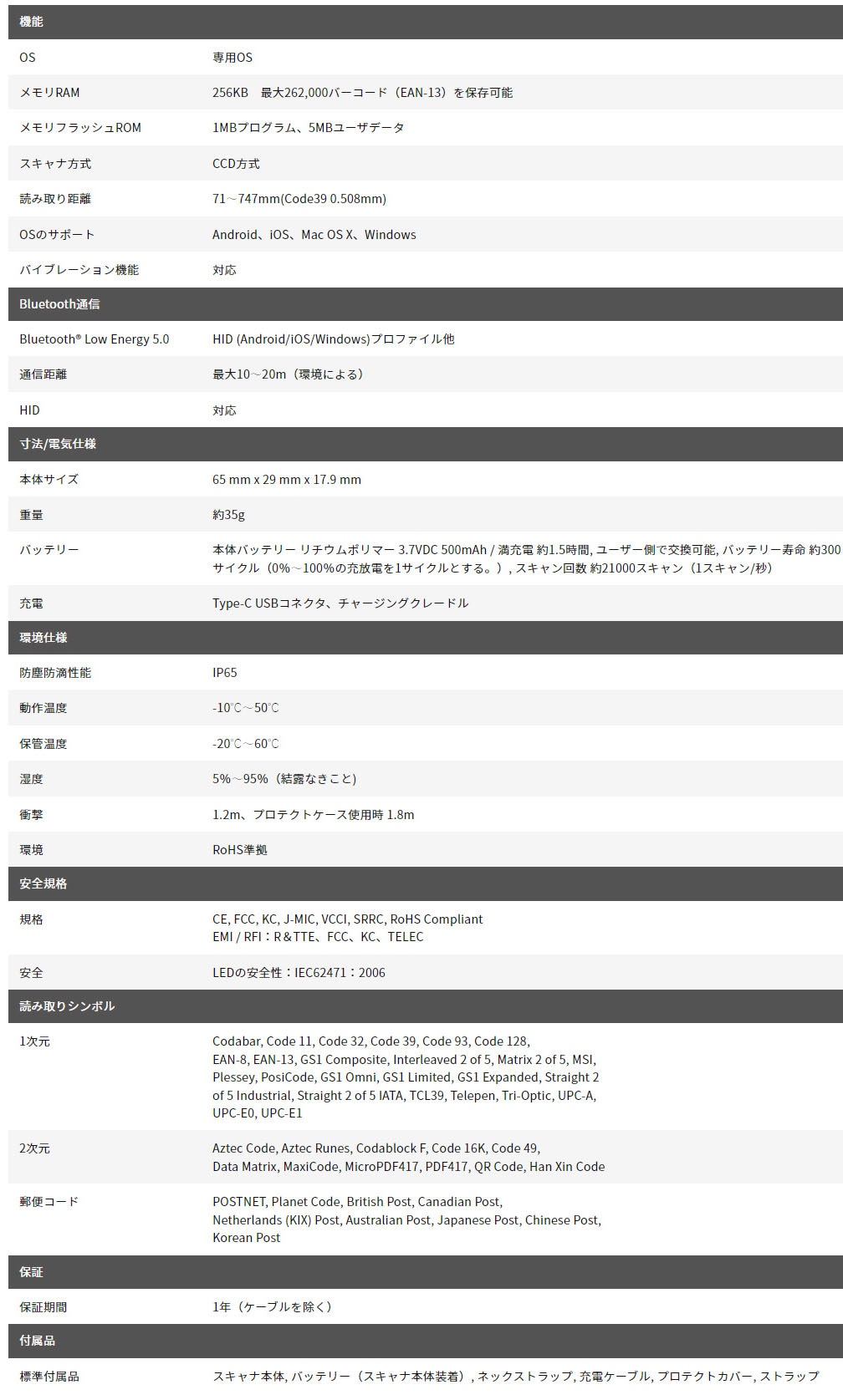 指に装着できるほどの小型・軽量設計のウェアラブル・2次元コードリーダーKDC185のスペック