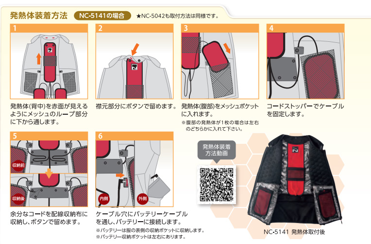 業界最高水準の暖かさを保つヒーター内蔵ウェアNヒートベストNC-5141の発熱体の付け方イメージ