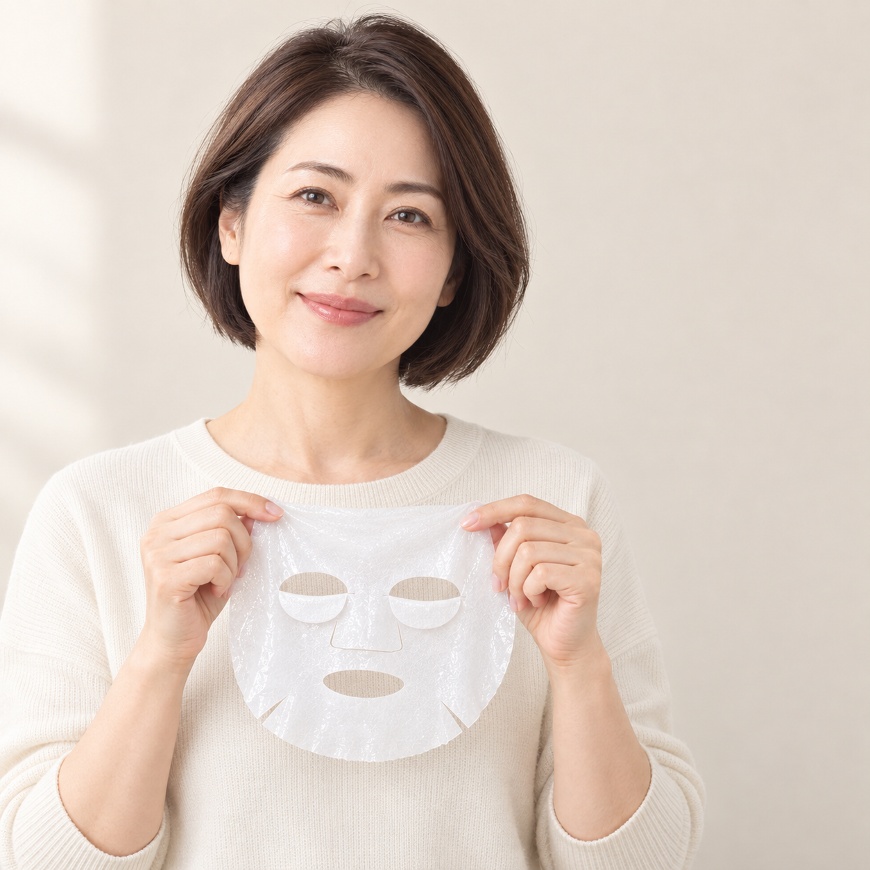 美容液を含んだシートマスクを胸元で持つ女性のイメージ