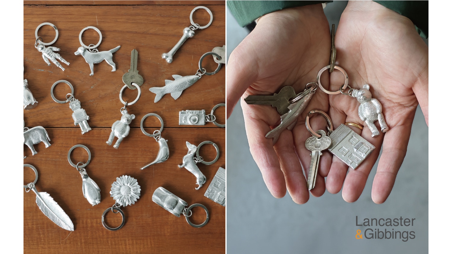 さまざまなモチーフのピューター製キーリングLancaster&Gibbings