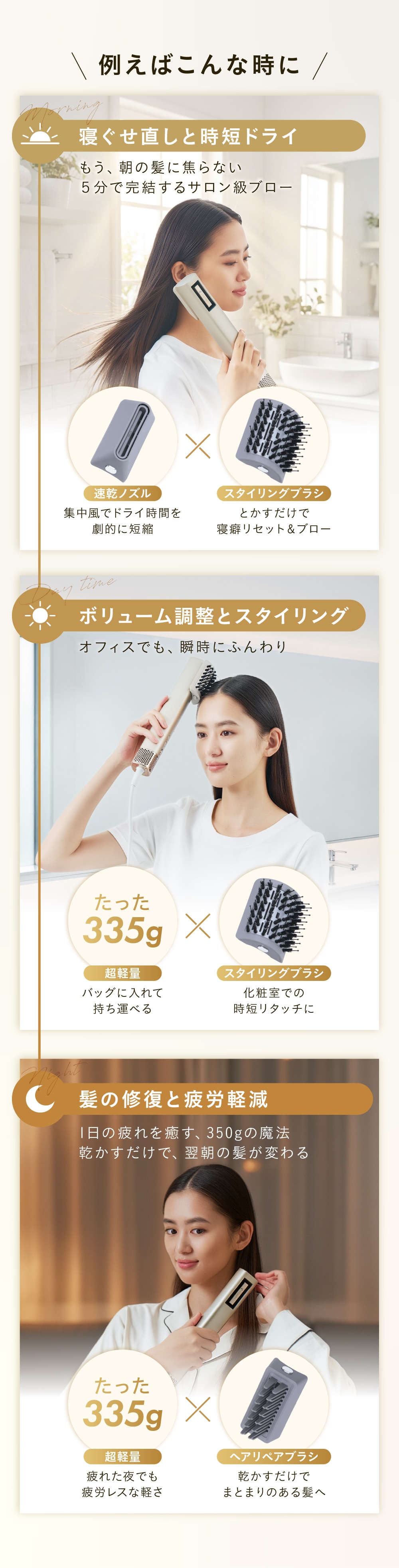 sanobi ダブルアクアイオンドライヤーの商品説明 寝ぐせ直しと時短ドライに ボリューム調整とスタイリング 髪の修復と疲労軽減に