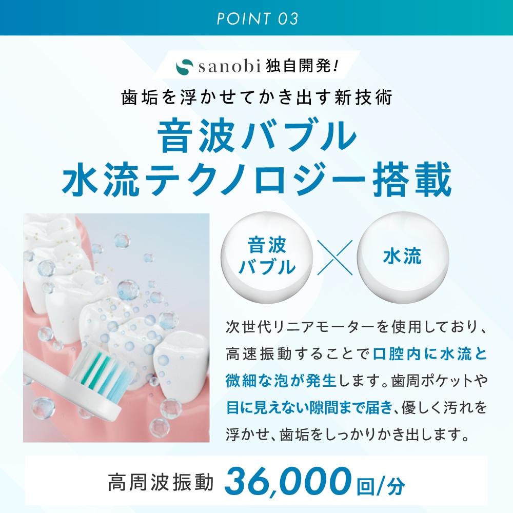 sanobi 電動デンタルギアブラシ ZEROの商品説明 歯垢を浮かせてかき出す新技術 音波バブル水流テクノロジー搭載