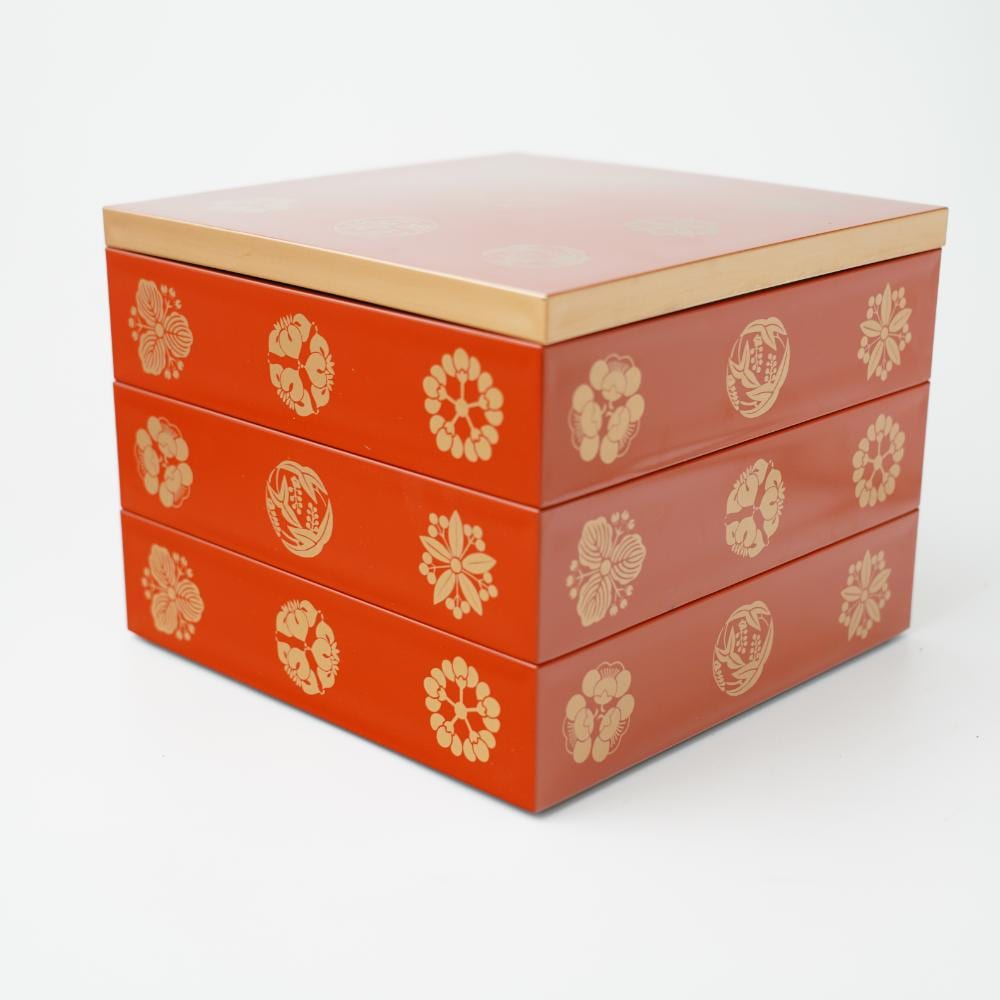 7.5寸 花丸紋 正角玉手箱 柿朱渕金 三段重 FOURGRACEオリジナル