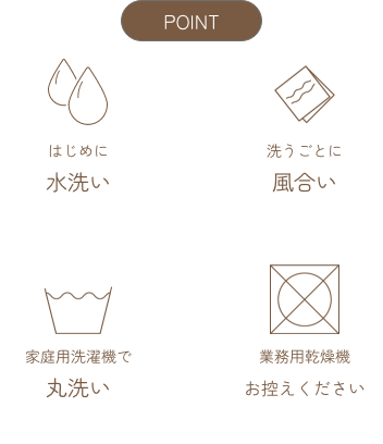 水洗い ⾵合い 家庭用洗濯機で丸洗い 業務⽤乾燥機お控えください