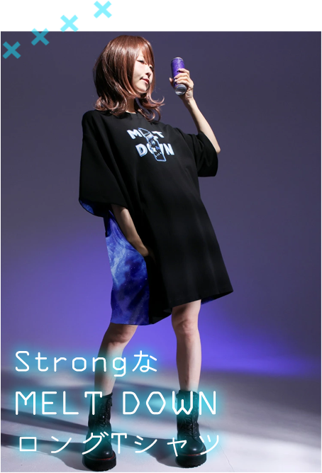 ストロングなメルトダウンロングTシャツは、エナドリやサイバーなイメージのギャラクシー柄ビッグT。ユニセックスで着用できて人と被らない。