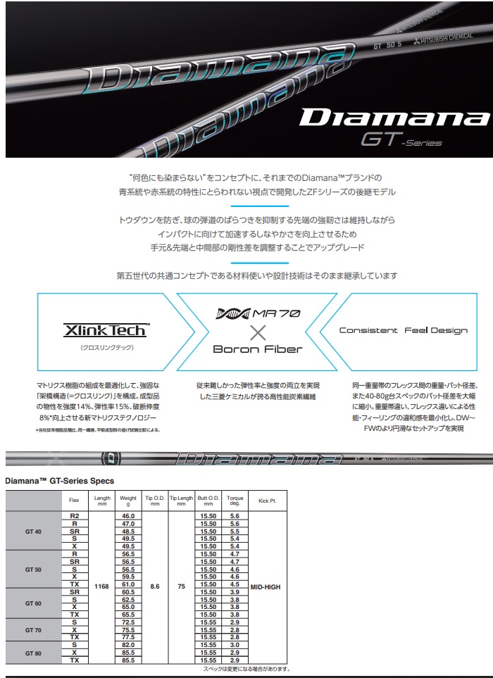 2022/9月上旬発売予定】<br>三菱（ウッド用シャフト）<br>MITSUBISHI Diamana GT Series・ディアマナGTシリーズ・ スリーブ付シャフト対応 | ゴルフシャフト | 地クラブ系カスタム専門店ゴルフー